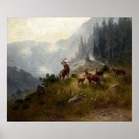 Buck & Doe Deer Herd In Forest Landscape Art