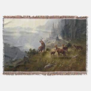 Buck & Doe Deer Herd In Forest Landscape Art Throw Blanket