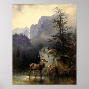 Buck & Doe Deer In Forest Art Poster