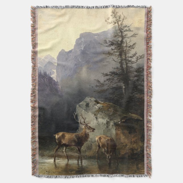 Buck & Doe Deer In Forest Art Throw Blanket (Front Vertical)