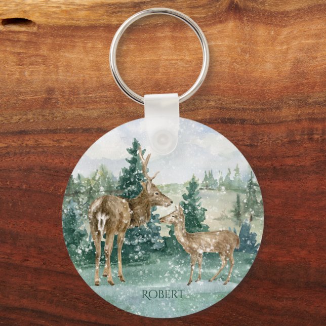 Buck Doe Snow Forest Winter Scene Monogram  Key Ring (Front)