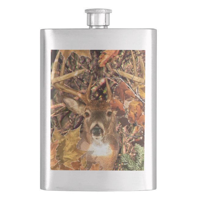 Buck in Fall Camo White Tail Deer Hip Flask (Front)