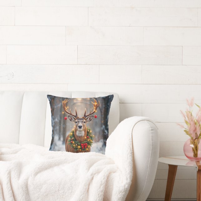 Buck In Snowflakes Wearing a Holiday Wreath Cushion (Couch)