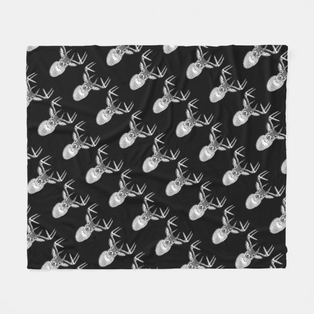 Buck on Black  White Tail Deer Fleece Blanket (Front (Horizontal))
