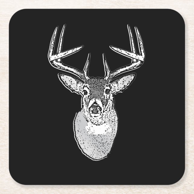 Buck on Black White Tail Deer head Square Paper Coaster (Front)
