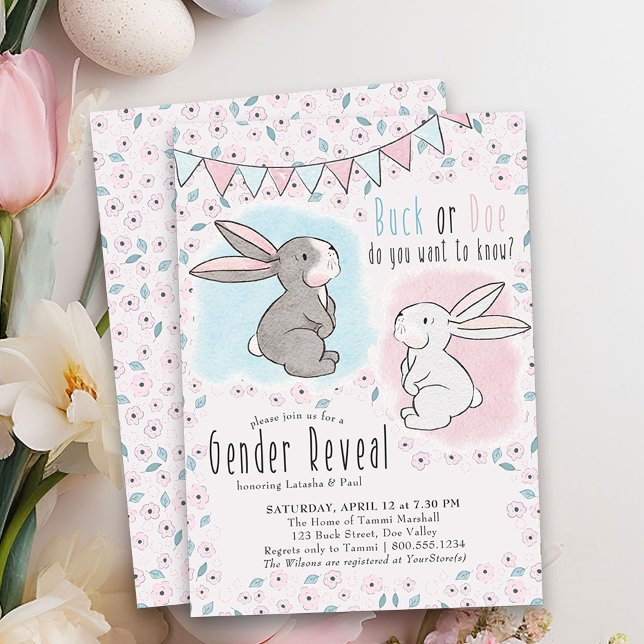 Buck or Doe Cute Rabbit Gender Reveal Invitation (Buck or Dow Gender Reveal Invitation with little bunnies - pink or blue and perfect for easter)