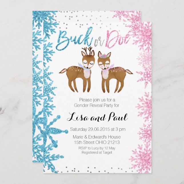 Buck or Doe Gender Reveal Invitation Winter (Front/Back)