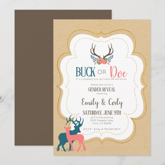 Buck or Doe Gender Reveal Party Baby Shower Invita Invitation (Front/Back)
