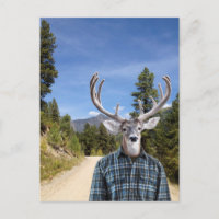 Buck with Antlers Wearing Blue Plaid Shirt