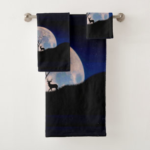 Buck with Big Rack Against Full Moon Bath Towel Set
