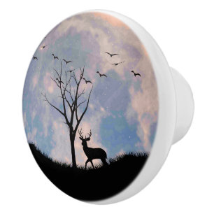 Buck with Big Rack Against Full Moon Ceramic Knob