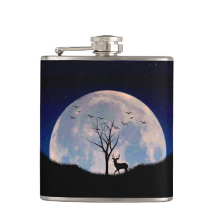 Buck with Big Rack Against Full Moon Hip Flask