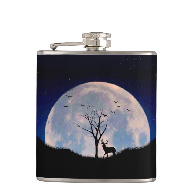 Buck with Big Rack Against Full Moon Hip Flask (Front)