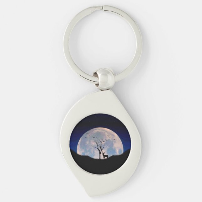 Buck with Big Rack Against Full Moon Key Ring (Front)