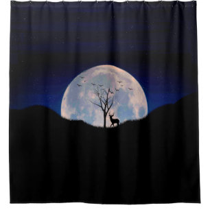 Buck with Big Rack Against Full Moon Shower Curtain