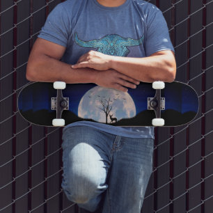 Buck with Big Rack Against Full Moon Skateboard
