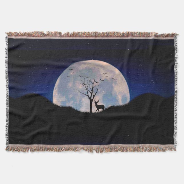 Buck with Big Rack Against Full Moon Throw Blanket (Front)