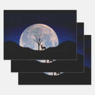 Buck with Big Rack Against Full Moon Wrapping Paper Sheet