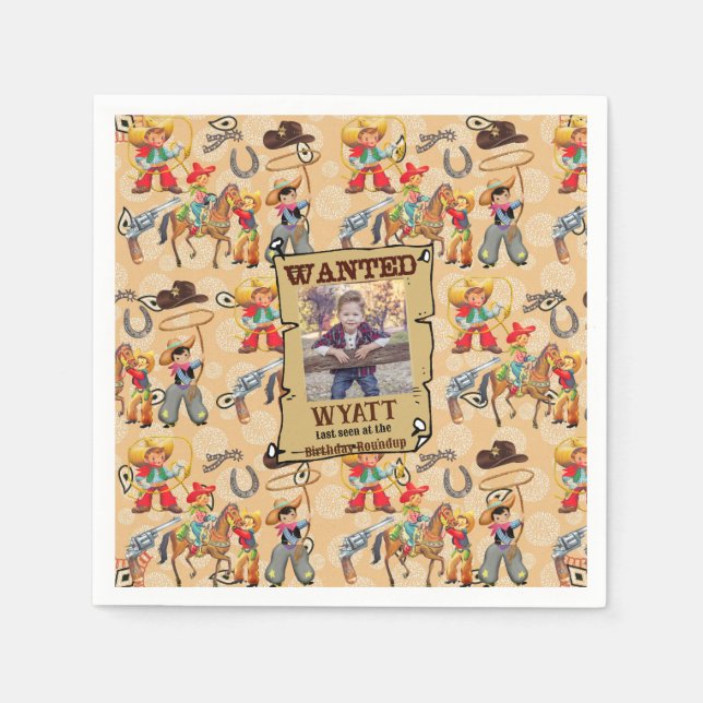 Buckaroo Cowboy Birthday Boy's Photo Name Cute Napkin (Front)