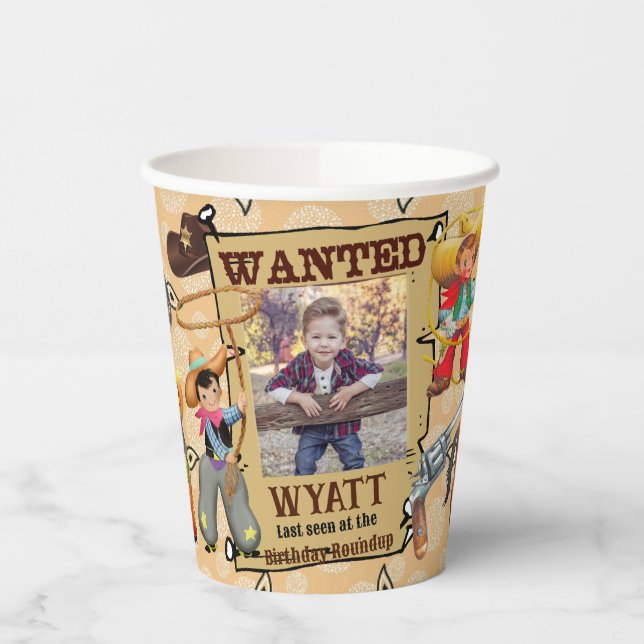 Buckaroo Cowboy Boy's Birthday Photo & Name Cute Paper Cups (Left)