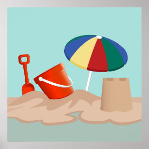 Bucket and Spade Beach Scene Illustration Poster
