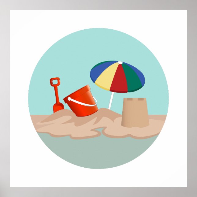 Bucket and Spade Circle Beach Scene Illustration Poster (Front)
