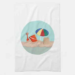 Bucket and Spade Circle Beach Scene Illustration Tea Towel