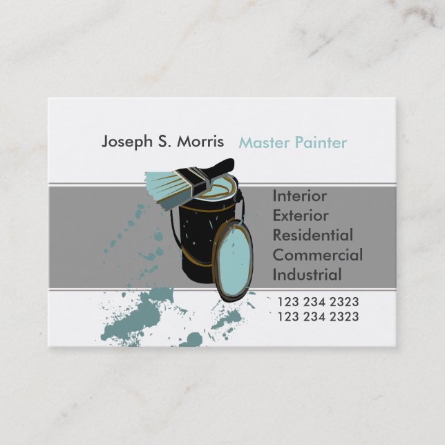 Bucket & Brush Blue Paint Modern  House Painter Business Card (Front)