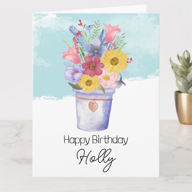 bucket full of flowers birthday greetings card (Small Plant)