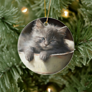Bucket Full Of Joy Sweet Grey Kitten Ceramic Ornament