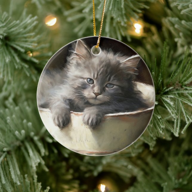 Bucket Full Of Joy Sweet Grey Kitten Ceramic Ornament (Tree)