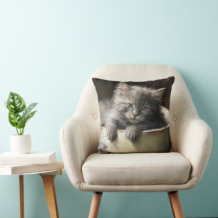 Bucket Full Of Joy Sweet Grey Kitten Cushion