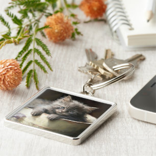 Bucket Full Of Joy Sweet Grey Kitten Key Ring