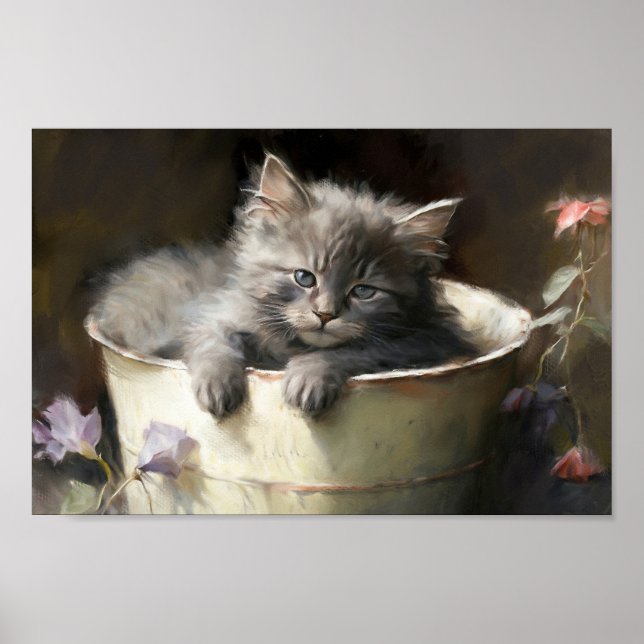 Bucket Full Of Joy Sweet Grey Kitten Poster (Front)