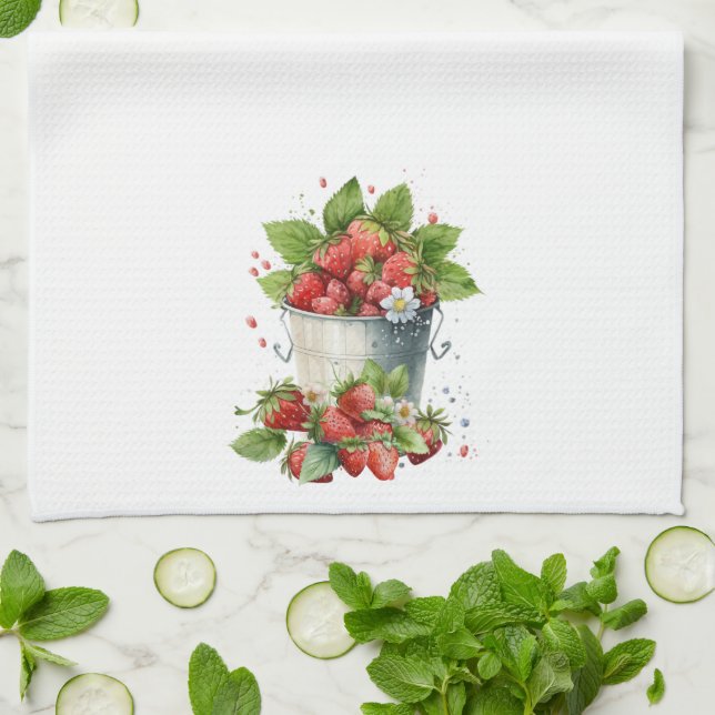 Bucket of Fresh Strawberries Tea Towel (Folded)