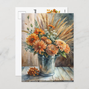 Bucket with Flowers Welcome Fall Holiday Postcard