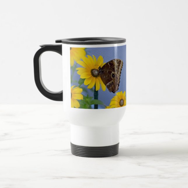 Buckeye Butterfly on Yellow Daisy Travel Mug (Left)
