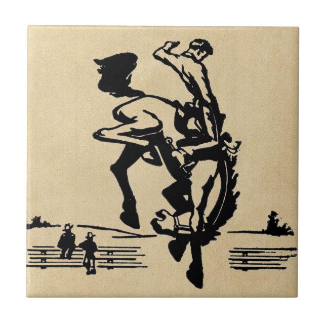 Bucking Bronco Horse and Rider Ceramic Tile (Front)