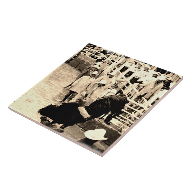 Bucking Bull Rodeo Rider Picture Ceramic Tile (Side)