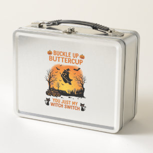 Buckle Up Buttercup Halloween Ghost Witch Hat Broo Metal Lunch Box
