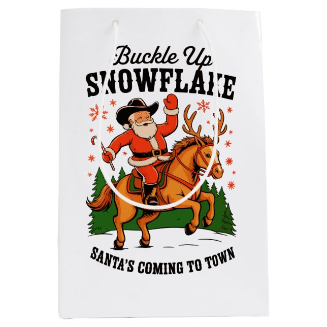 Buckle Up Snowflake Rodeo Cowboy Santa Christmas Medium Gift Bag (Front)