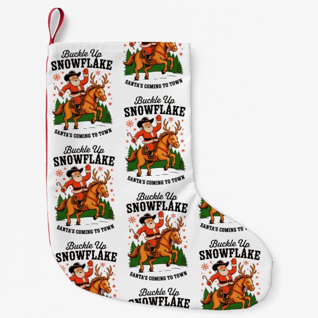 Buckle Up Snowflake Rodeo Cowboy Santa Christmas Small Christmas Stocking (Front)