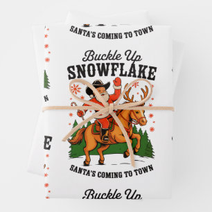 Buckle Up Snowflake Rodeo Cowboy Santa Christmas Wrapping Paper Sheet