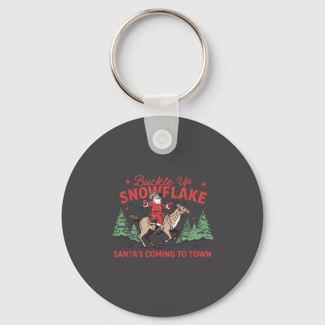 Buckle-up Snowflake Santa's Coming Soon Western Ch Key Ring (Front)