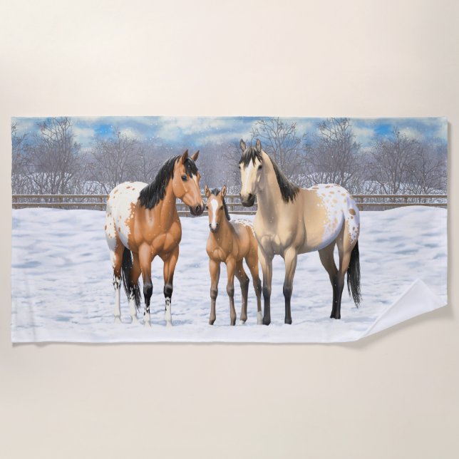 Buckskin Appaloosa Horses In Snow Beach Towel (Front)