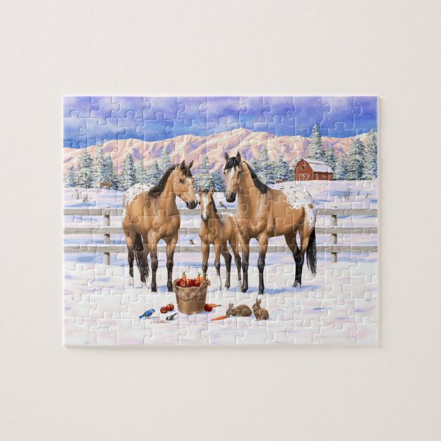 Buckskin Appaloosa Horses In Snow Jigsaw Puzzle (Horizontal)