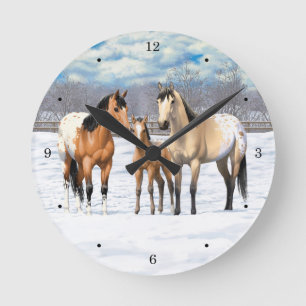 Buckskin Appaloosa Horses In Snow Round Clock