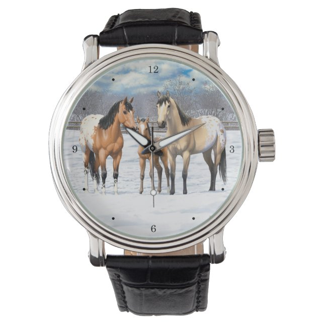 Buckskin Appaloosa Horses In Snow Watch (Front)