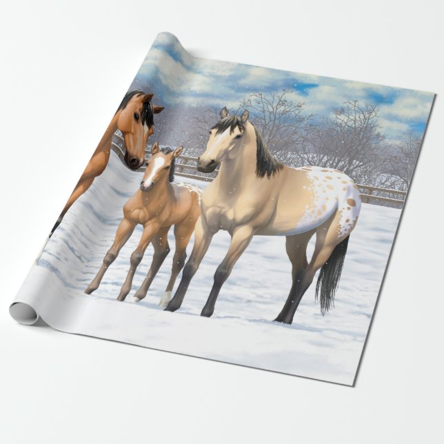 Buckskin Appaloosa Horses In Snow Wrapping Paper (Unrolled)