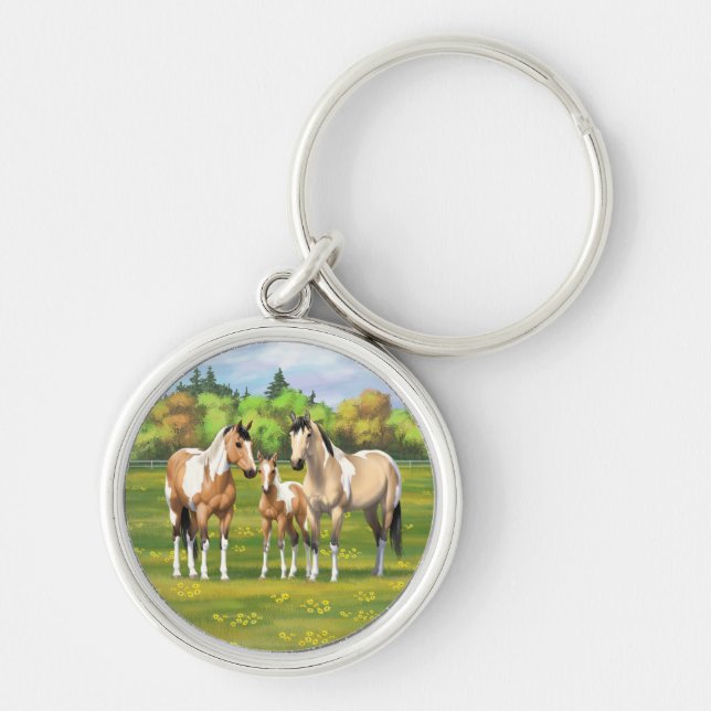 Buckskin Dun Pinto Paint Horses In Summer Pasture Key Ring (Front)